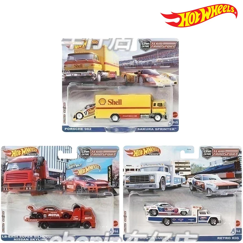 

Hot Wheels Transport Fleet PORSCHE 962 LB-ER34 NISSAN SKTLINE 72 PLYMOUTH CUDA 1/64 Metal Cast Model Collection Toy Vehicles