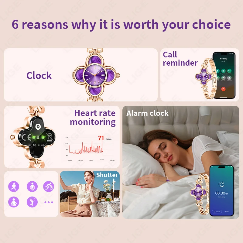 LIGE Luxury Ladies Quartz Watches Smart Bracelet Woman Heart Rate Blood Pressure Monitor AI Health Smart Watch Women Sport Band