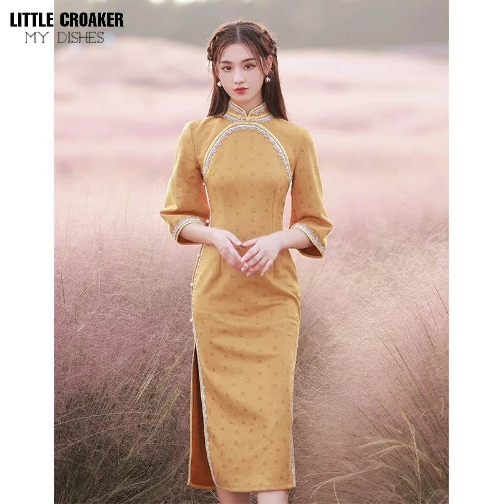 

Women Suede Ancient Method Improved Qipao Spring Chinese 2023 New Young Cheongsam Girl Long Style Daily Wearable Spring