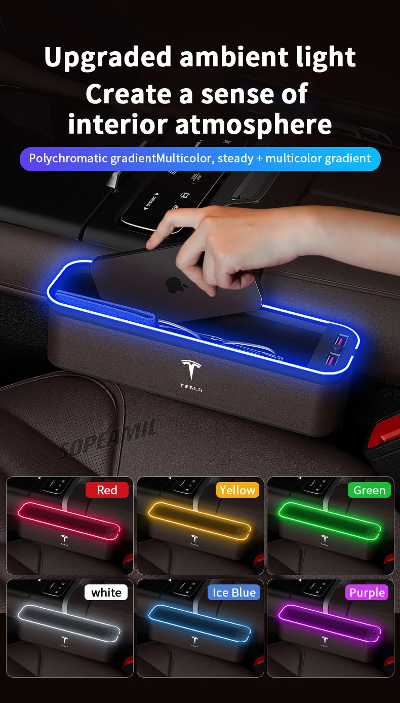 Car USB Charging Multifunction Crevice Storage Box Seat Gap Box For Tesla Cybertruck Roadster Model 3 Model Y Model S Model X