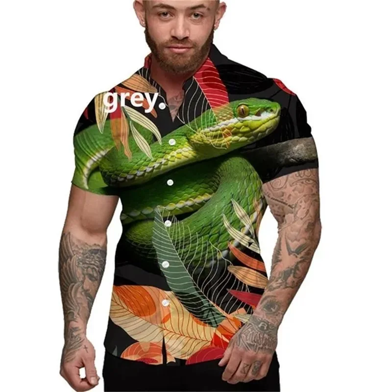 thumbnail image 1 of Camisas con estampado de serpiente en 3D, camisas hawaianas de manga corta de gran tamaño para playa, camisas y blusas casuales con botones para hombres, 1 of 4