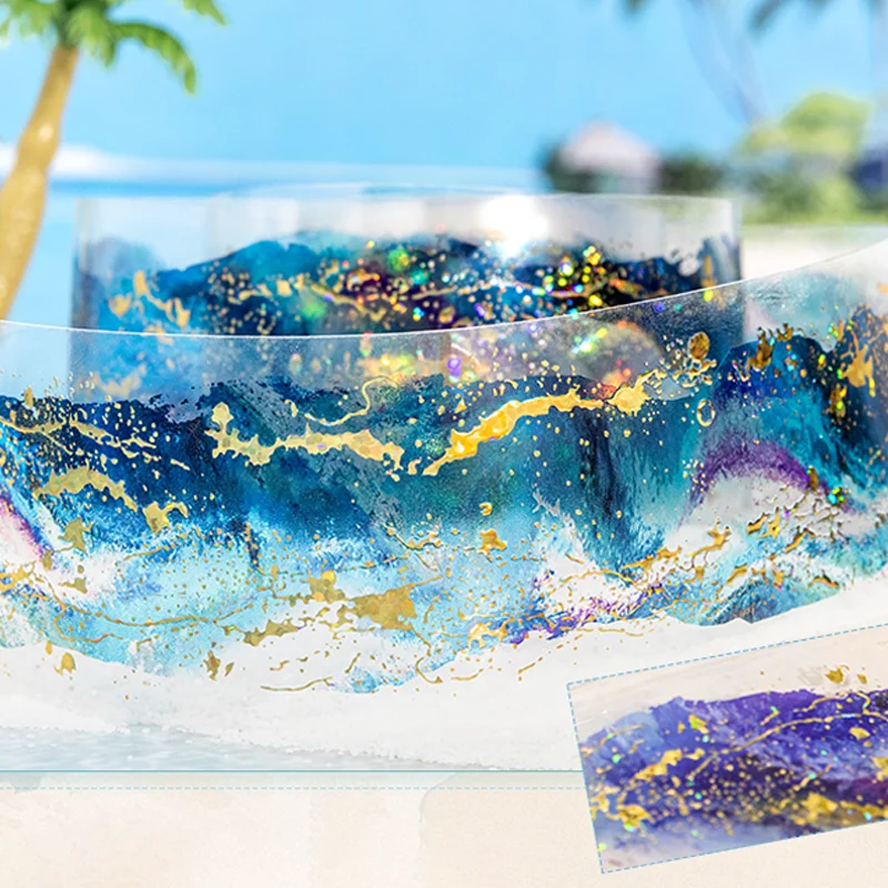 미스터 페이퍼 해변 풍경 테이프 1롤 다양한 색상의 파도 풍경 PET 테이프 가정용 수첩 여행 기록 장식 선물