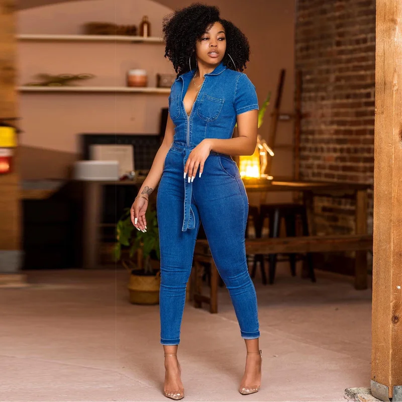 

WUHE Short Sleeve Zippper Jeans Rompers Female Casual Women Denim Jumpsuit Overalls Bodycon Pencil Summer Playsuit Streetwear
