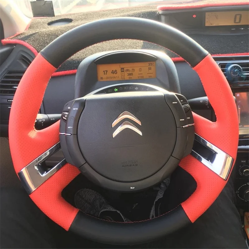 

DIY Hand-stitched Red Black Leather Car Steering Wheel Cover For Citroen C4 Picasso 2007-2013 Interior Accessories