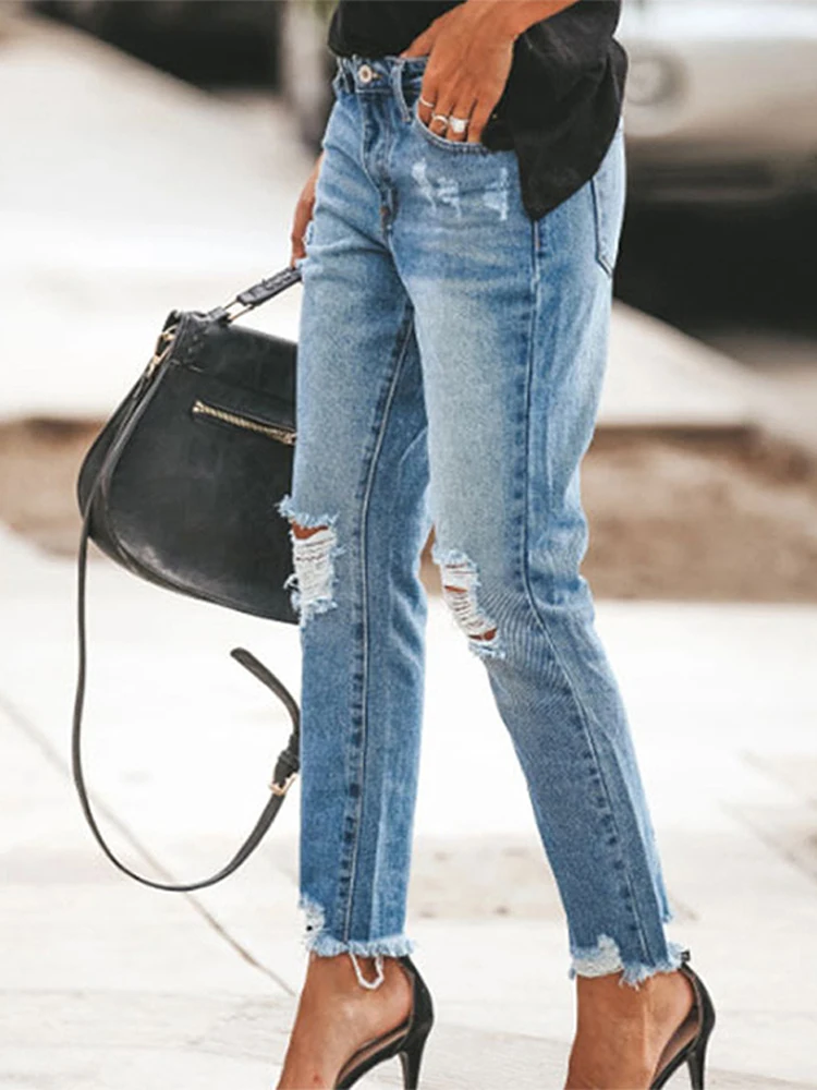 2025 Autumn Lady New Y2K Outwears Fashion Women's Ripped Denim Jeans Patchwork Solid High Waist Zipper Trousers 1