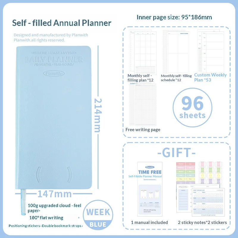 Planwith Undated Daily Planner - Premium A5 Notebook with 12 Monthly Plans, 53 Weekly Pages, Stickers, and Manual Organizer Journal