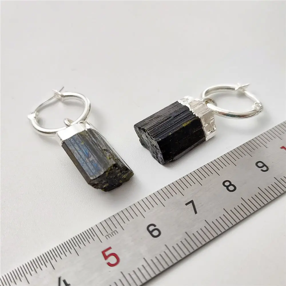 FUWO 1Pairs Natural Green&Black Tourmaline Hoop Earrings,Silver Color Plated Semi-precious stone jewelry ER410Y 5