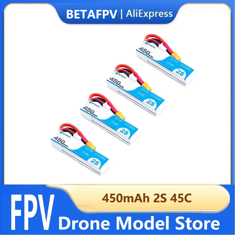 Lot de 2/4 Batteries Lipo 450mAh 2S 7.4V 45C XT30 pour Drone Whoop