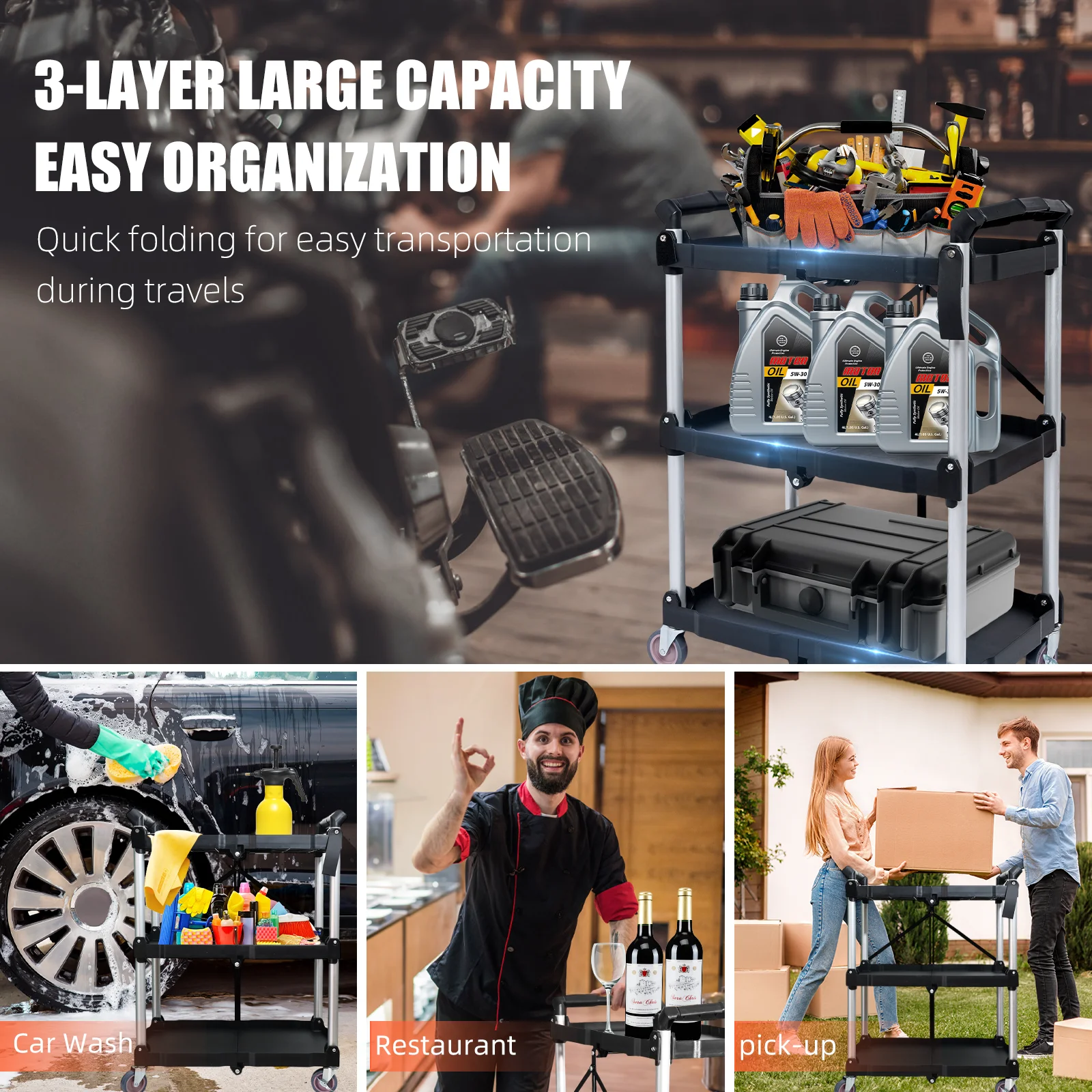 No Assembly Foldable Service Carts with Wheels 3 Tier Portable Utility Rolling Tool Garage Cart Collapsible Storage Cart