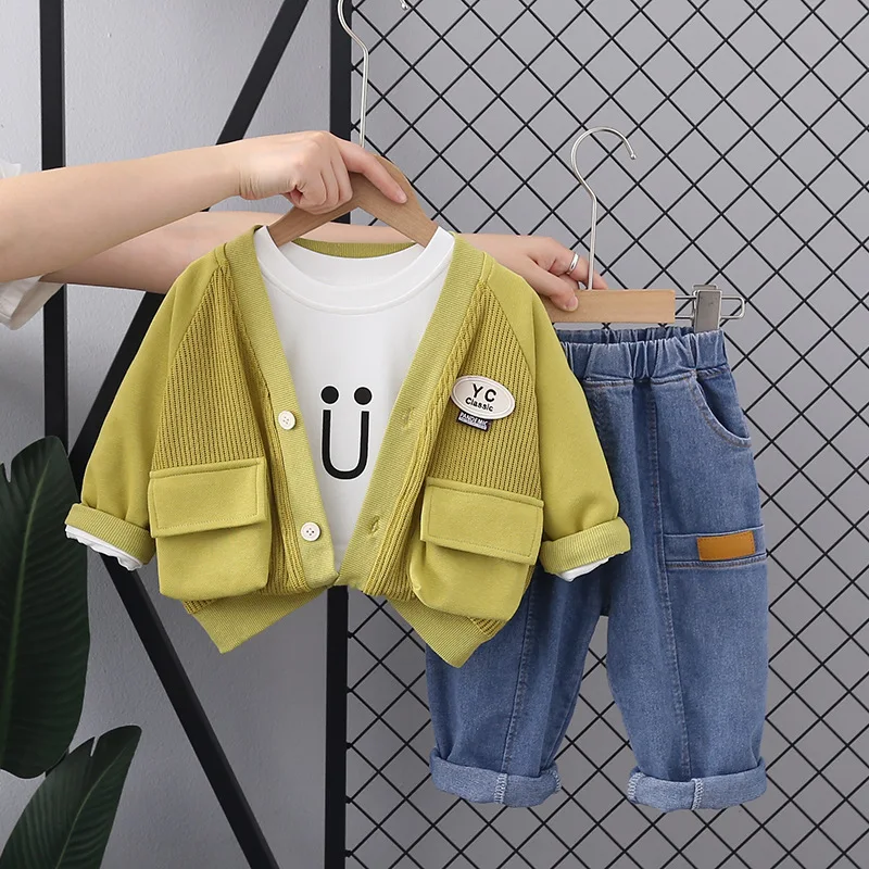 

Kids Sets Korean Fashion Baby Boy Clothes 1 To 2 Years Patchwork Casual Cardigan Coats White T-shirts Jeans Childrens Tracksuits