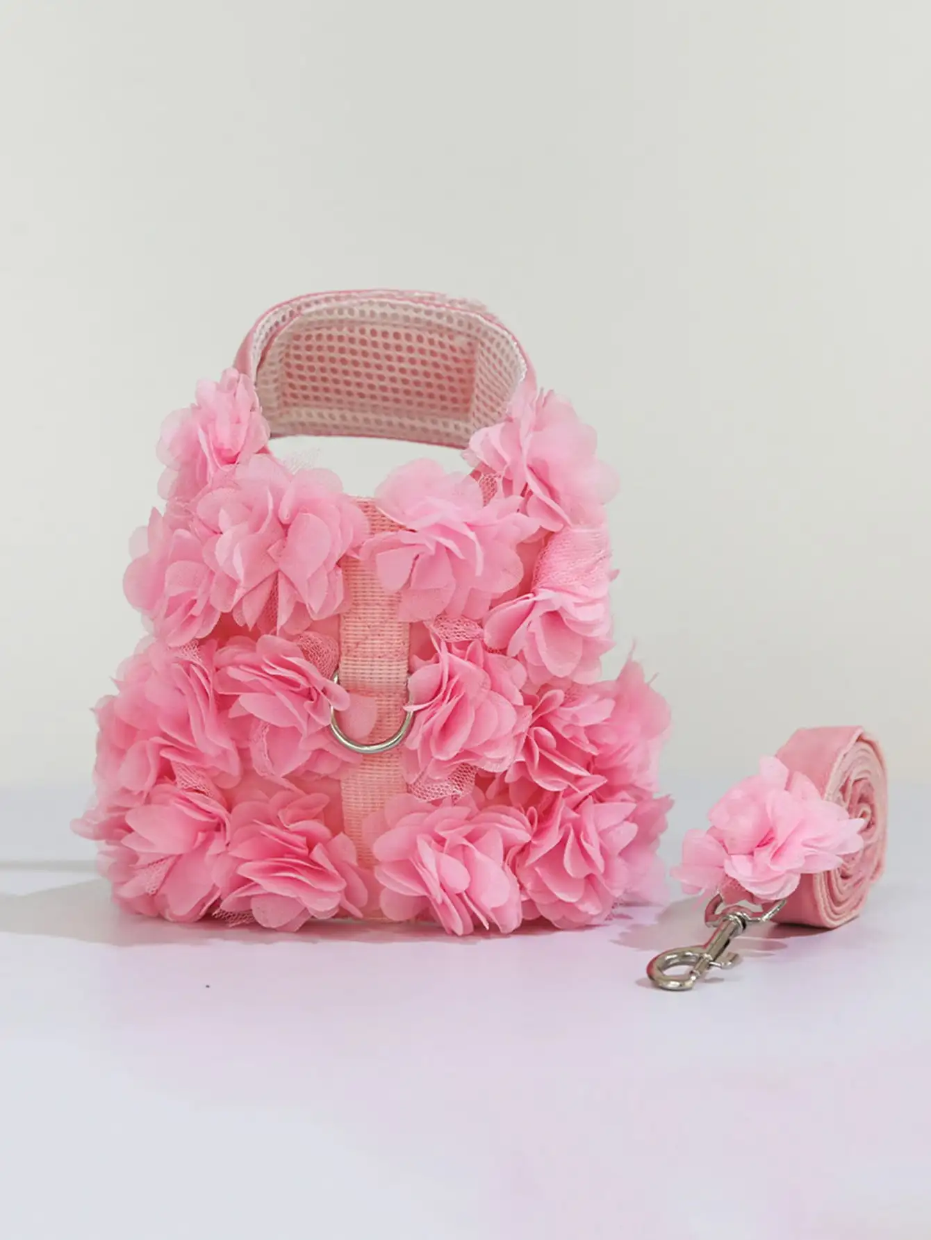 Cute Small Dog Harness and Leash Set Pink Lace Floral