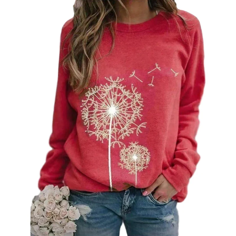 Women Hoodies 2022 Autumn Dandelion Print Crew Neck Pullover Loose Sweatshirts Female Long Sleeve Hooded Streetwear Casual Top