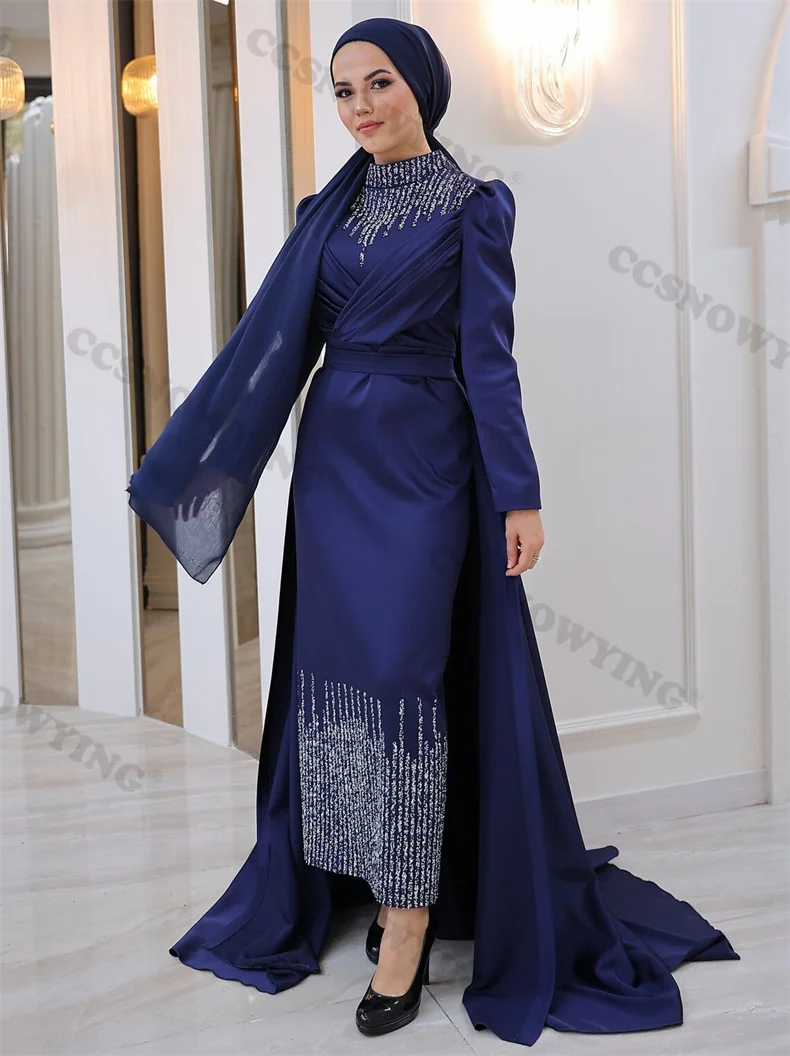 

Long Sleeve Hijab Muslim Evening Dresses Satin Beaded with Detachable Train Formal Party Gown Arabic Dubai Women Robes De Soirée