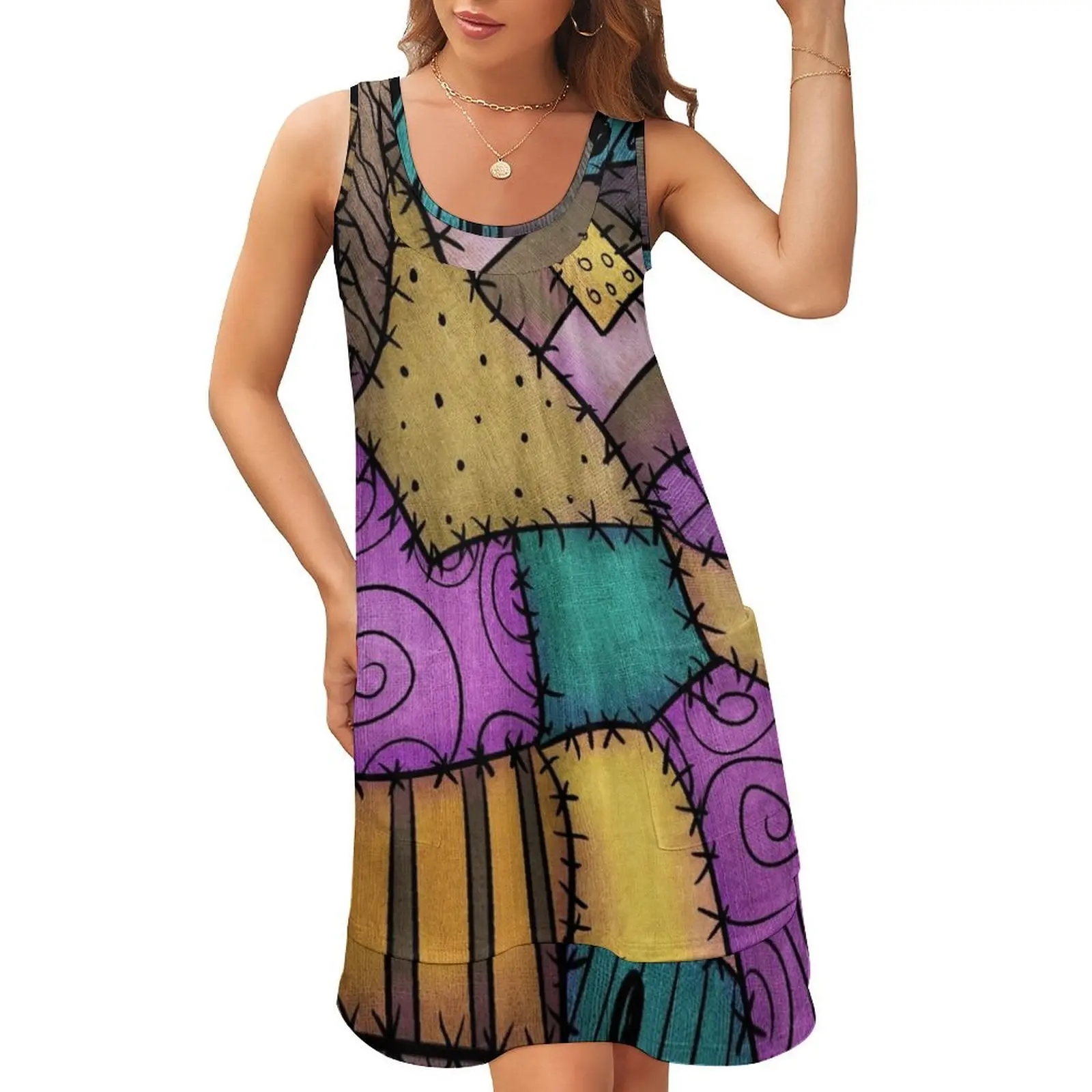 

Patchwork Scraps Sleeveless U-Neck Fake Two Piece Dress ladies dresses for special occasions ladies dresses for special occasion