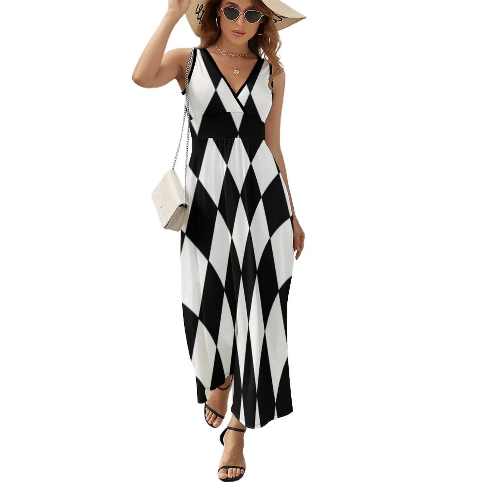 

LARGE BLACK AND WHITE HARLEQUIN- DIAMOND- ARGYLEPATTERN DESIGNED FOR HOME DECOR AND CLOTHING Sleeveless Dress