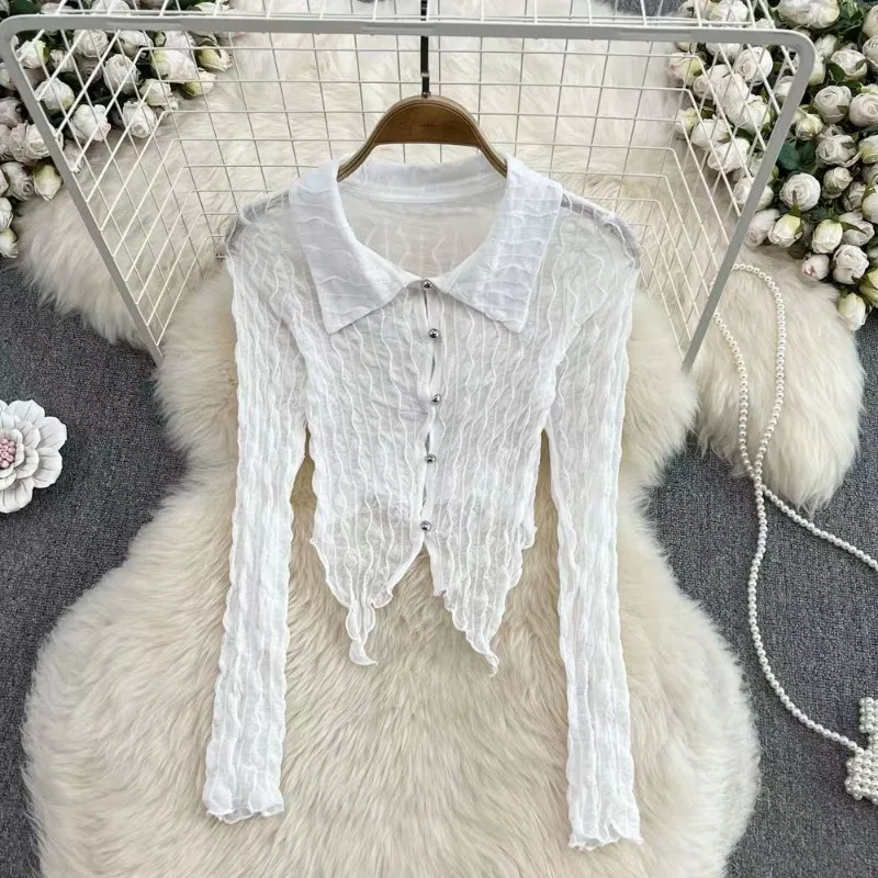 Hotsweet Shorts Blouses Women's Spring Edgy Solid Color Striped Polo Neck Slim Single-breasted Long Sleeve Shirts 2024 New Tops