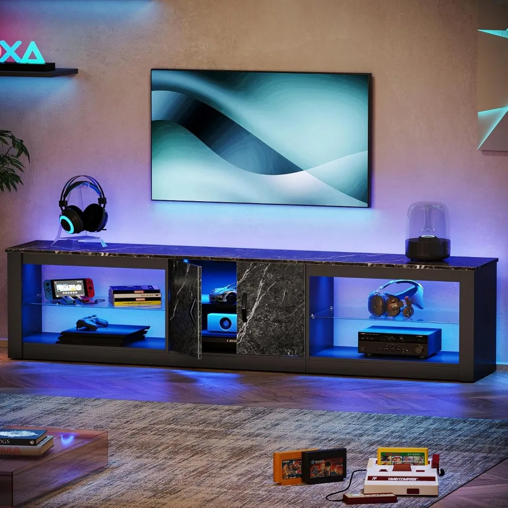 TV Stand for 75/85/86 inch TVs, LED Gaming Entertainment Center for PS5 with Storage Cabinet &Adjustable Glass Shelves 3