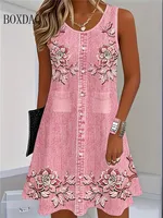 2025 Women Summer Sleeveless Bohemian Dress Fashion Imitate Cowboy Vest Flowers Print Dress Casual Tank Beach Dresses For Women - Image 2