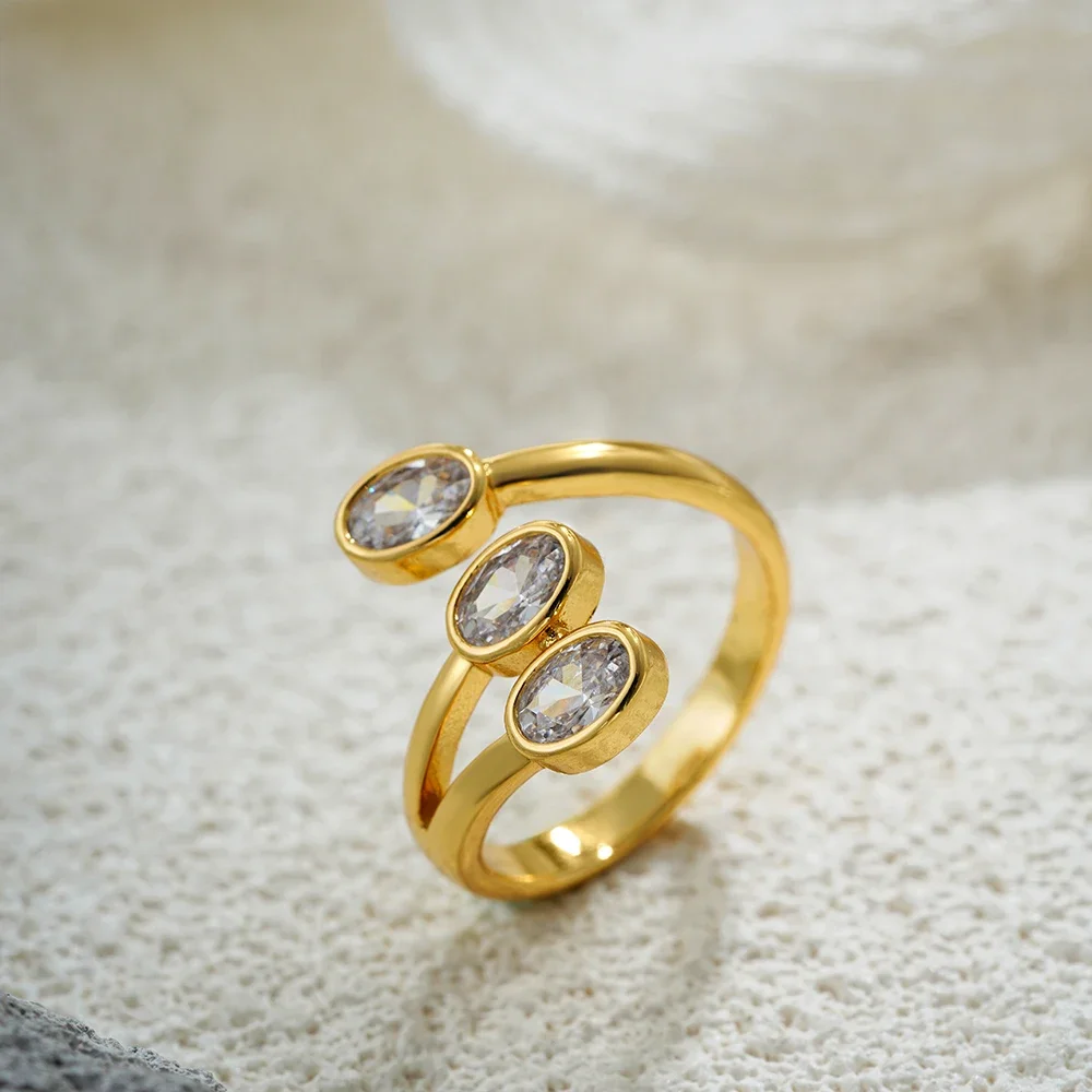 French Chic Three Layer Metal Opening Shiny Zircon Wedding Rings for Women Transparent Oval Crystal Ring Light Luxury Jewelry
