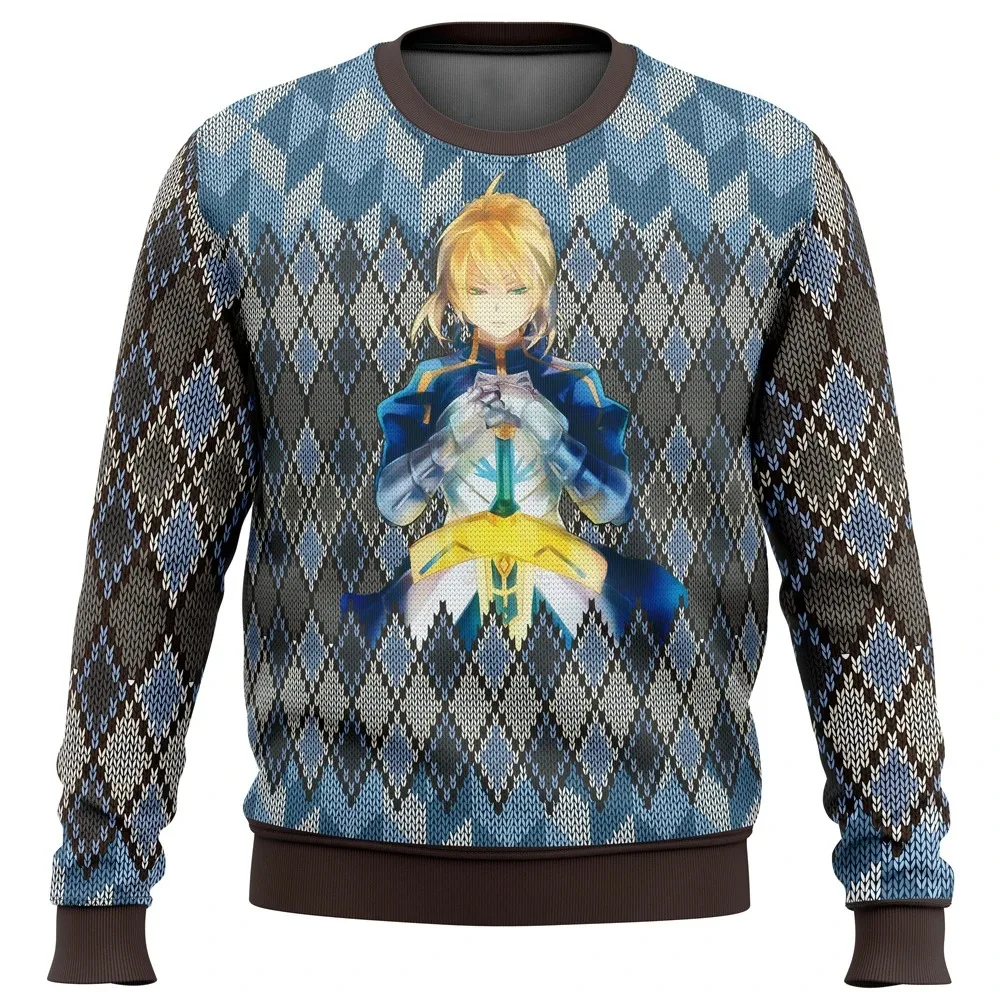 

Fate Zero Saber Ugly Christmas Sweater Gift Santa Claus Round Neck Long sleeved Men's 3D Sweatshirt Autumn/Winter Top Clothing