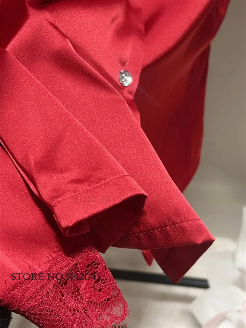 طقم بيجامة حرير عنابي دانتيل نسائي