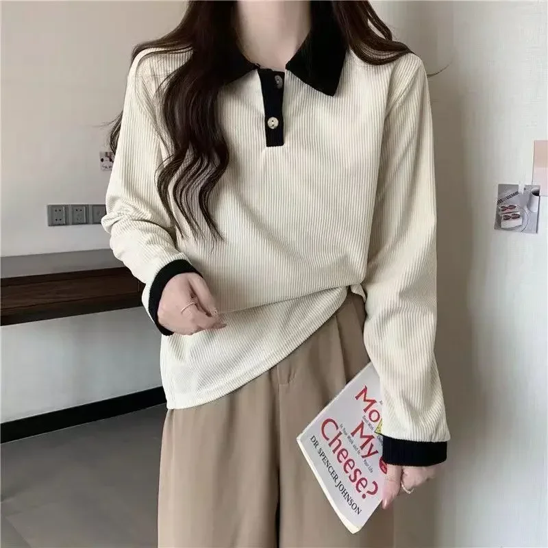 Casual Women T-shirts Korean Fashion Sweet Preppy Style Tops Female Autumn Long Sleeve Turn Down Collar Basic Pullovers Tees 4