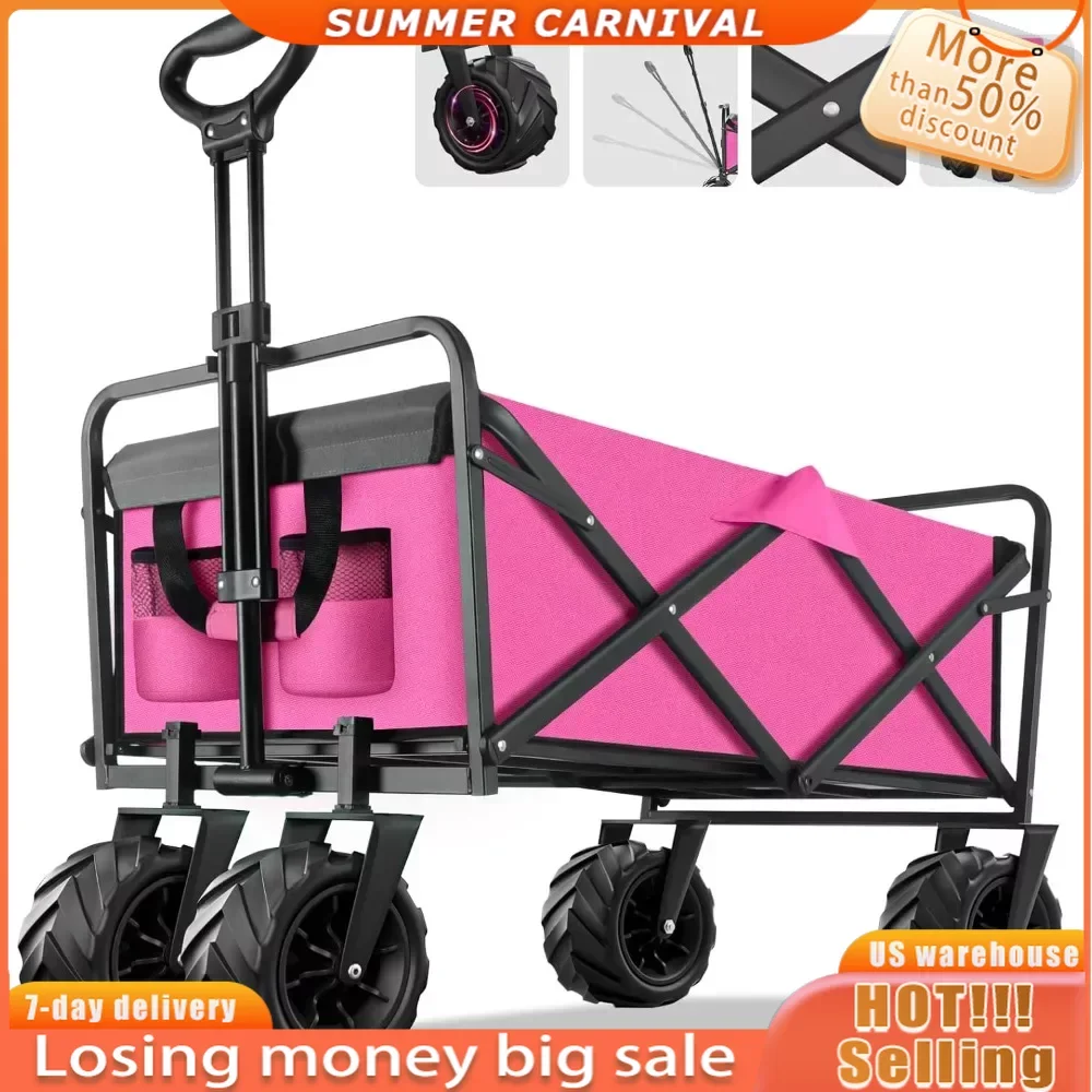 

Sand Camping Trolley Pink Garden Carts Folding Home Handcart Beach Cart With Big Wheels Hand Cart Collapsible Foldable Wagon