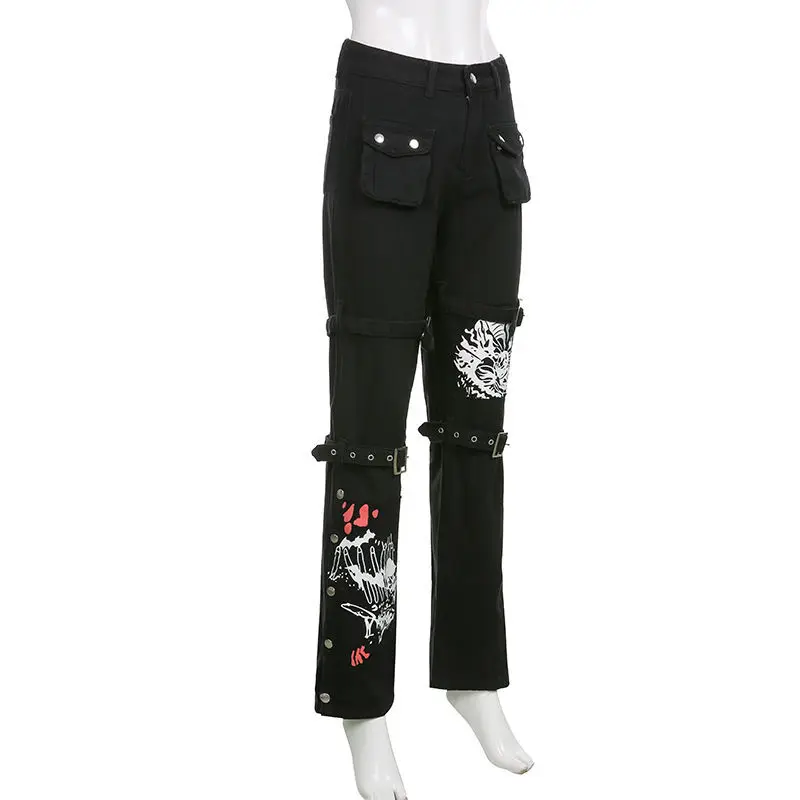 old navy jeans JMPRS Gothic Bandage Women Baggy Jeans Aesthetic Harajuku Cartoon Print Black Denim Trousers Dark Academia Hight Waist Pants hollister jeans