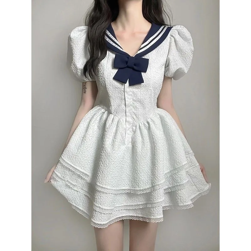 

Summen 2023 Lolita Dress For Women Sweet Puff Sleeve Slim Mini Dresses Party Retro Girls Bow Mini Dresse Women Elegant Vintage