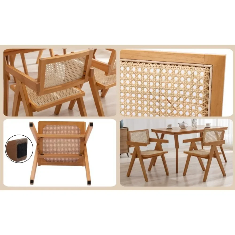 Rattan Dining Chairs, Modern Mid Century Wicker Armchair Comfy Side Chair Solid Wood Boho Kitchen Chairs