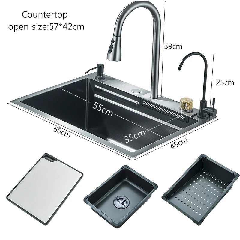 304 Stainless Steel Waterfall Kitchen Sink Large Single Slot Integrated 60X45cm Faucet Set Soap Dispenser Pure Water Tap 2