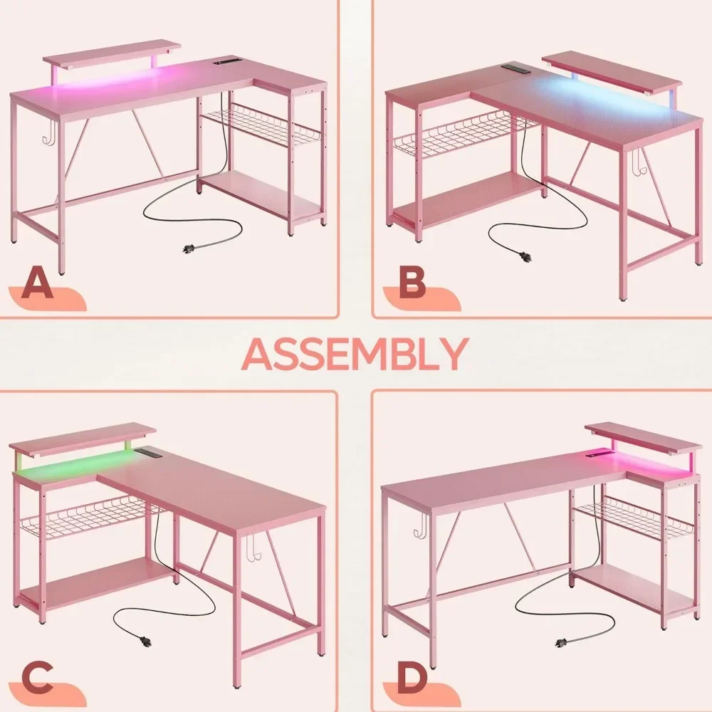 52" Gaming Desk with Integrated Power Outlet & USB Ports, L-Shaped Computer Desk with LED Strip & Headphone Hooks 3