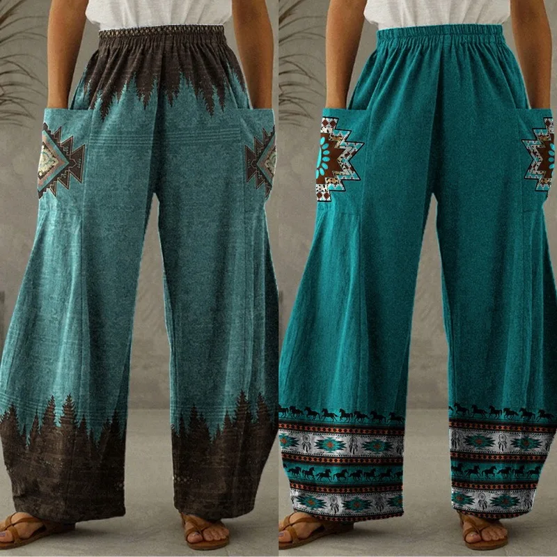 2022 New Arrival Women Loose Pants Ladies European American Tribal Ethnic Style Print Wide Leg Plus Size Side Pocket |