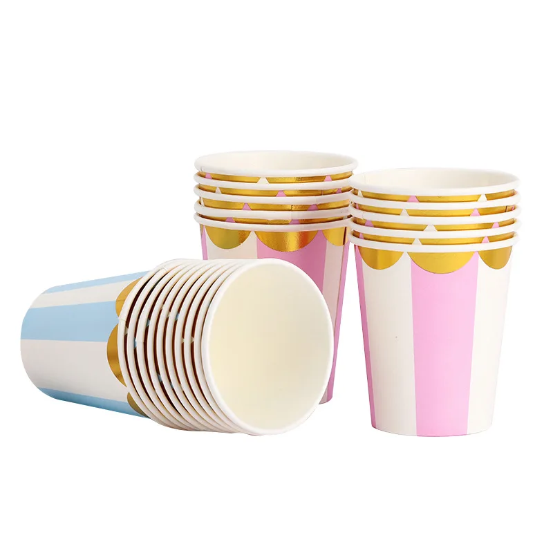 

400 X Disposable Bronzing Stripe Blue&Pink Paper Cups 9oz/250ml Thickening Picnic Home Birthday Party Tableware Supplies