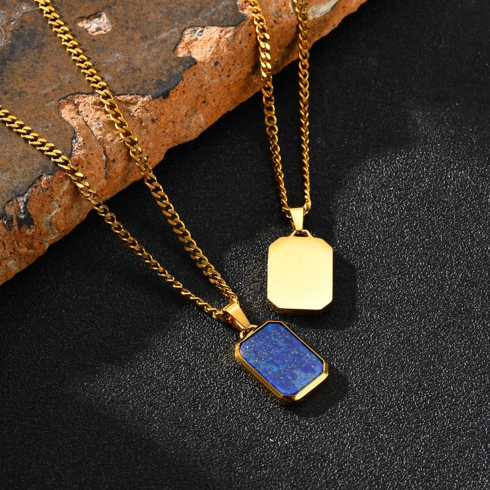 Casual Stainless Steel Men's Rectangular Necklace,Blue Natuarl Stone Lapis Lazuli Pendant,Birthday Father Anniversary Gift