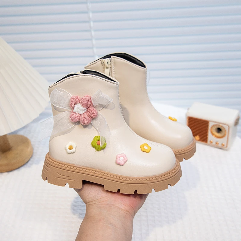 Girls Thermal Ankle Boots with Cute Flower for Autumn Winter