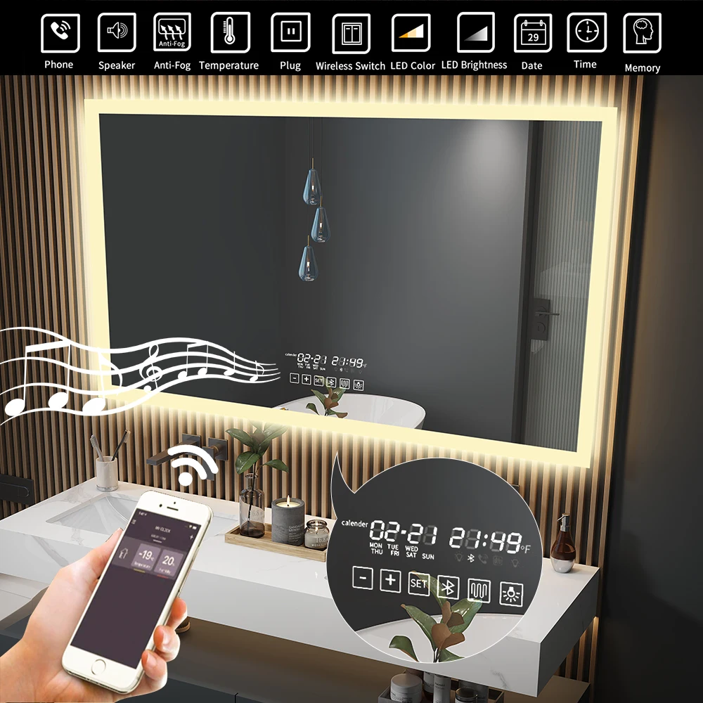 Anti Fog Bluetooth Bath Mirror Smart LED Mirror For Makeup Modern Lighted Vanity Wall Mounted Backlit Dimmable