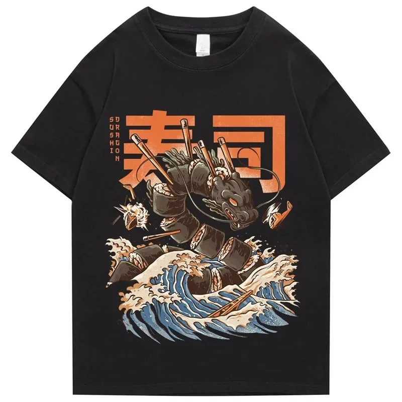 

Футболка мужская с принтом японского Kanji Dragon суши, уличная тенниска в стиле хип-хоп, хлопковая Повседневная рубашка в стиле Харадзюку с короткими рукавами, на лето