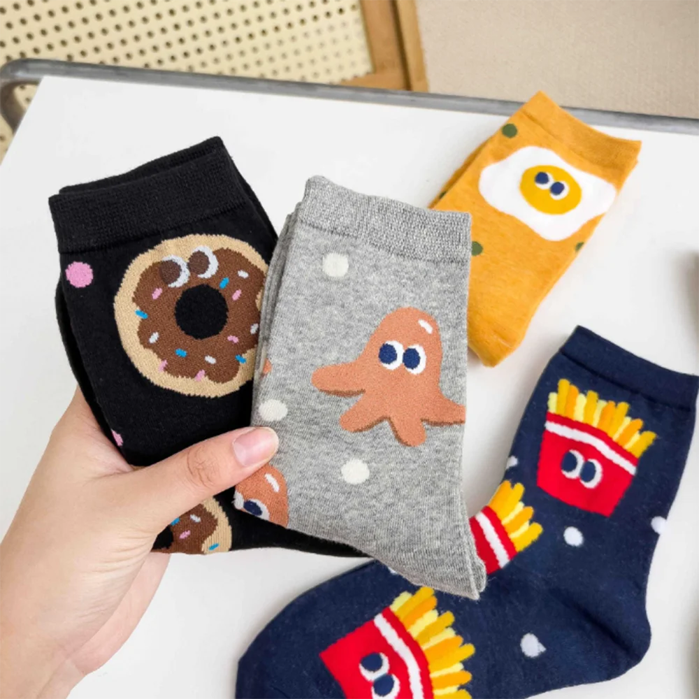 5 Pairs Cute Cartoon Food Cotton Socks - Fun Personality Korean Style Socks