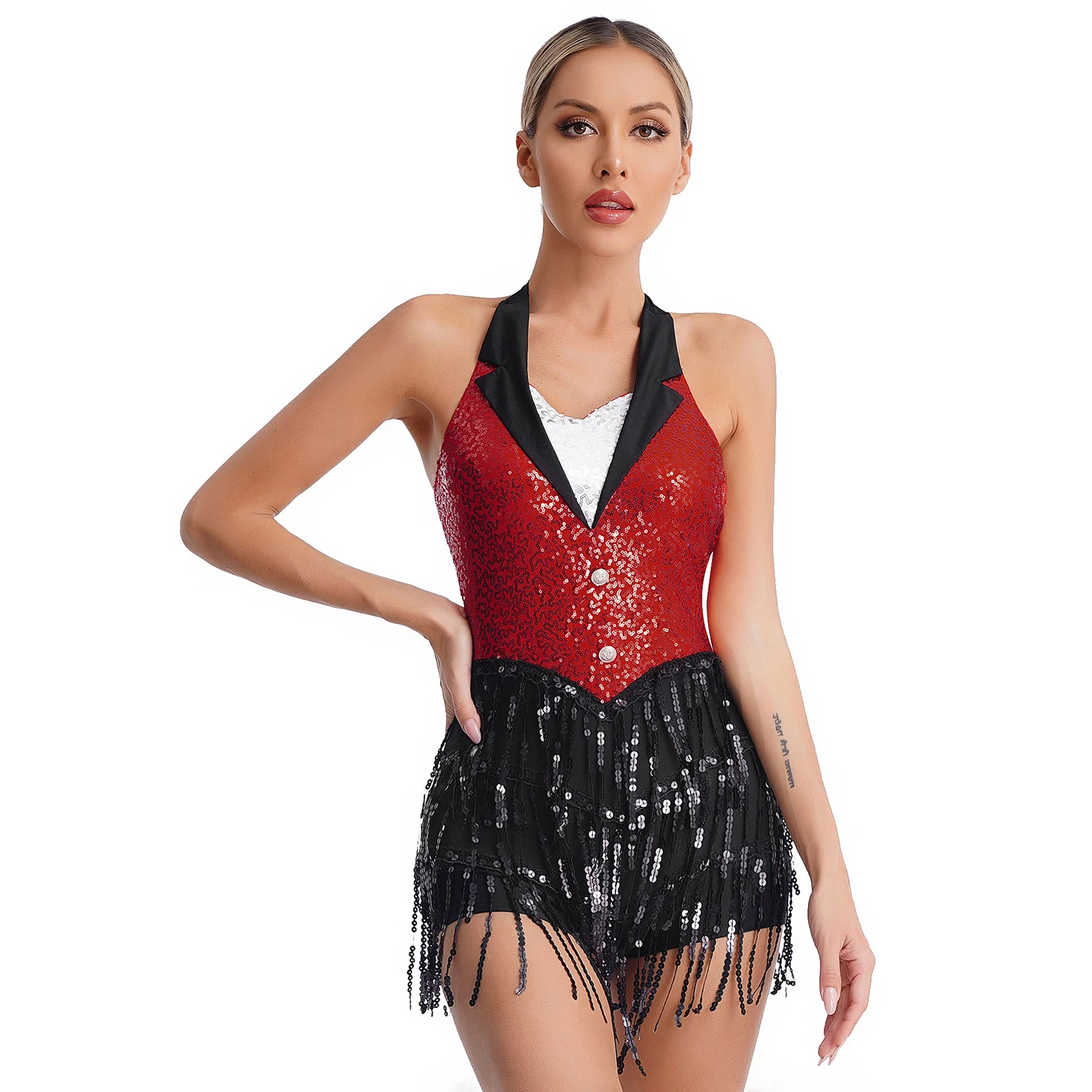 Womens Sequins Latin Jazz Dance Tassel Leotard Halter Fringed Bodysuit Tango Performance Costume – Buy The Best Products In The Online Store - Foto 9
