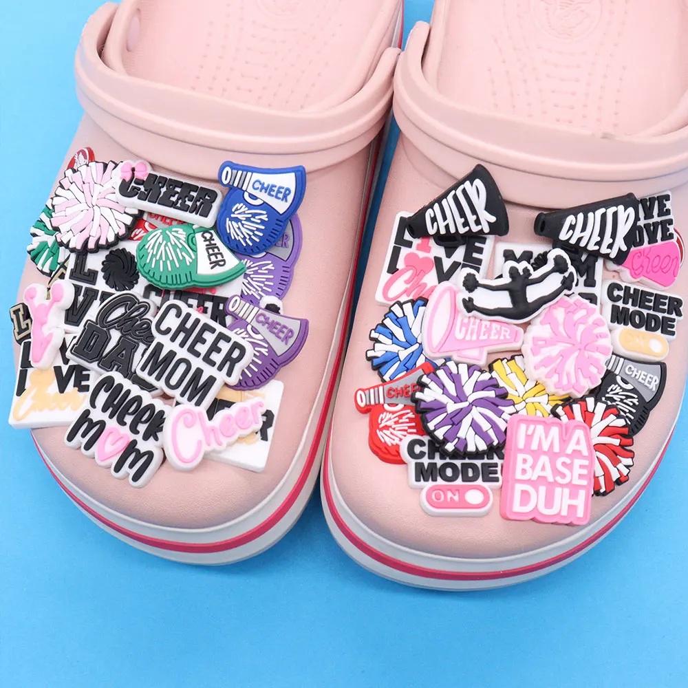 

Wholesale 50pcs PVC Shoe Charms Pink Cheer English Slogan Accessories Shoe Buckles For Croc Jibz Kids Party Present