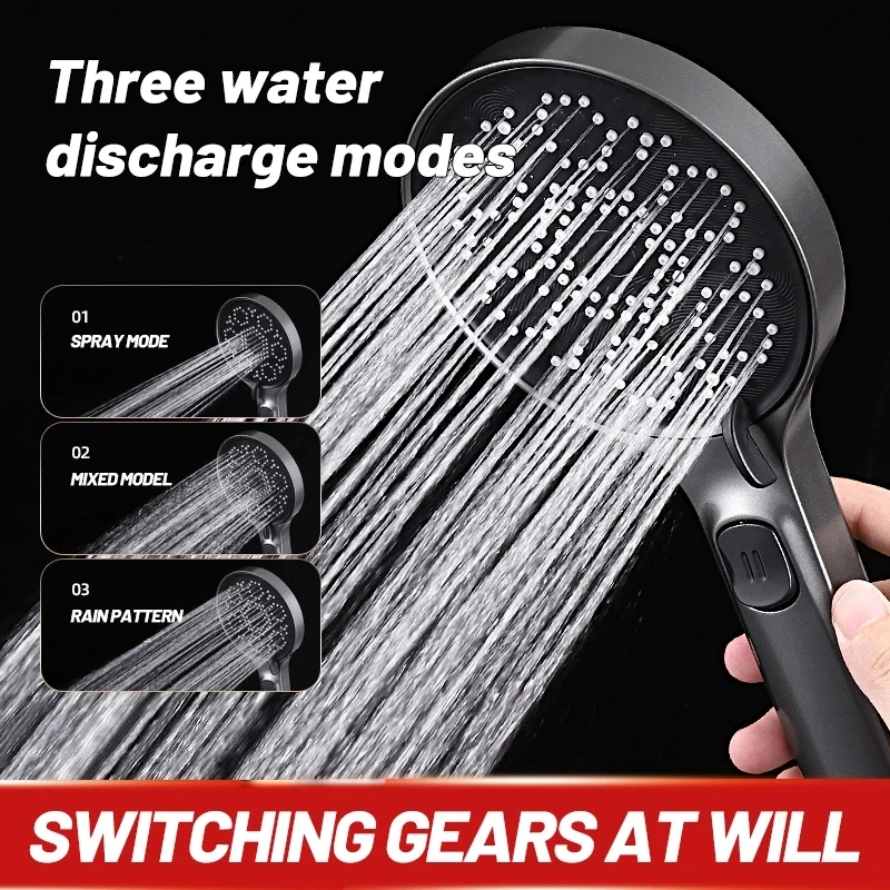 

Pressurized Shower Head High Pressure Press Button Change Mode 12CM Large Panel 3 Modes Handheld Showerhead Bathroom Accessories