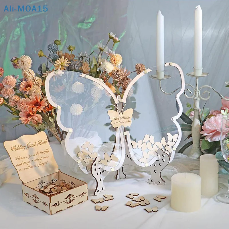 

White Wedding Guest Book Alternative For 40 Guests To 200 Guests, Drop Wooden Butterfly Frame With Small Butterflies