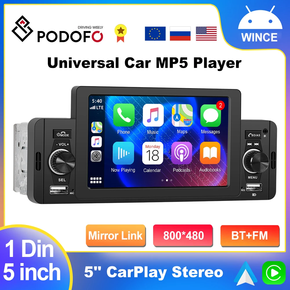 Podofo 1din CarPlay Android Auto Car Radio1 Din MP5 Multimedia Video