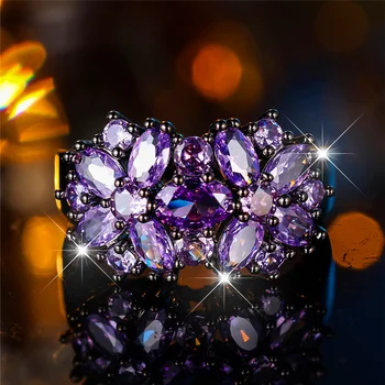 Luxury Female Purple Oval Zircon Stone Round Finger Ring Vintage Black Gold Color Wedding Band Bridal Jewelry For Women