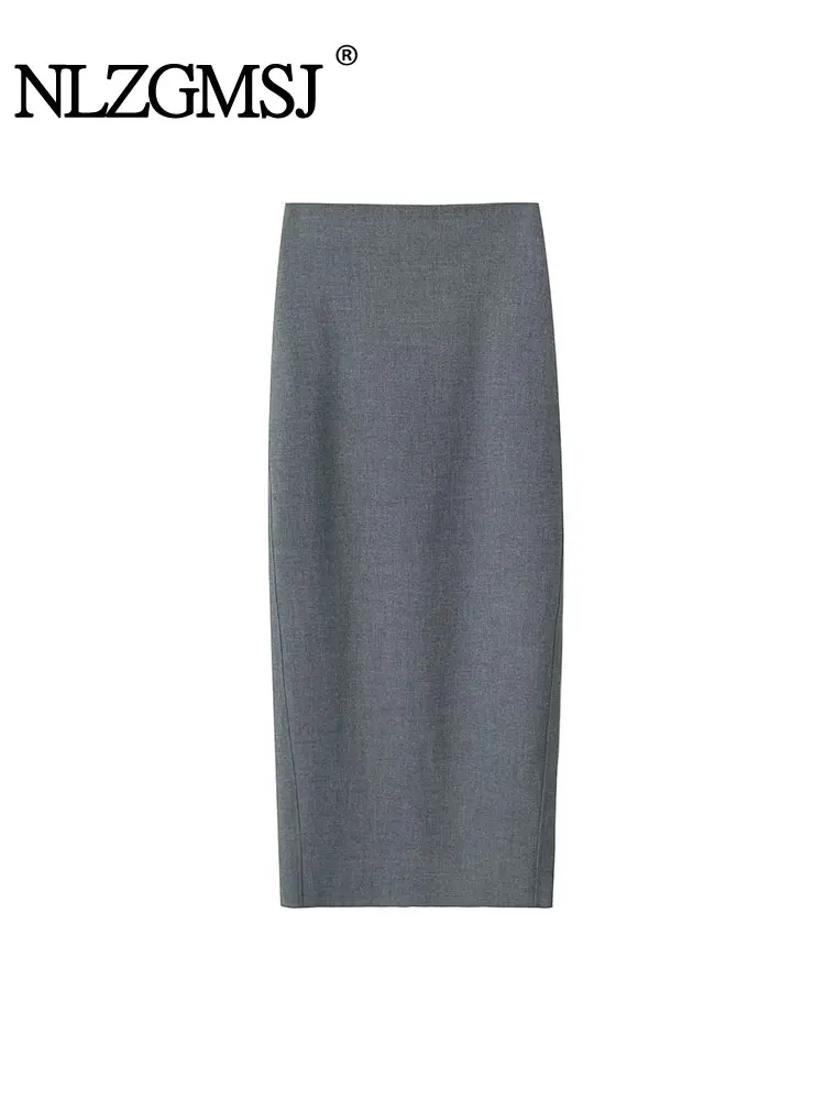 

Nlzgmsj TRAF 2023 Women Classics Vintage High Waist Zipper Elegant Solid Back Split Midi Skirt Streets Simplicity Long Skirts