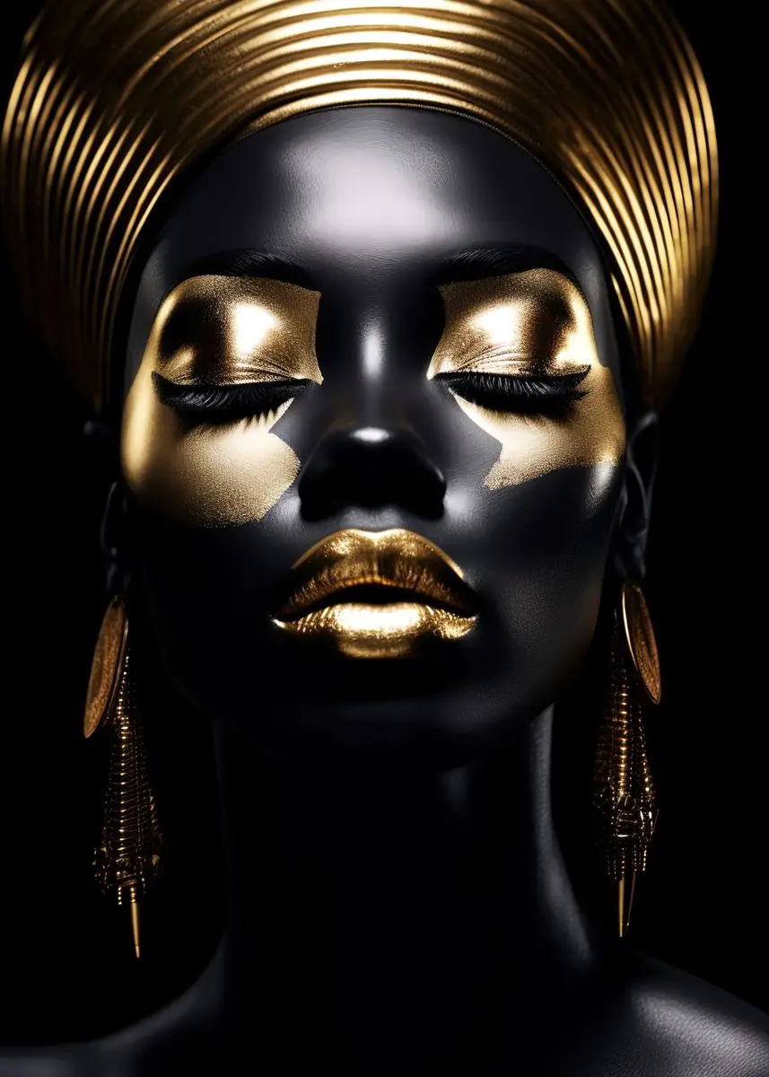 Elegant African Black and Gold Woman Portrait Canvas Art for Modern Living Room Decor