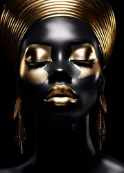 Elegant African Black and Gold Woman Portrait Canvas Art for Modern Living Room Decor (Light Grey)