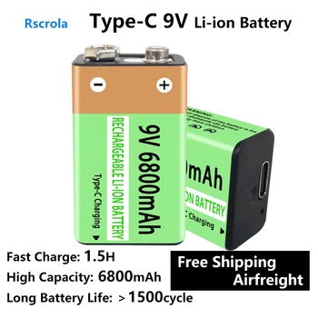 Large Capacity 9V Rechargeable Battery Long-Lasting 9V Li-ion Battery Type-C Port 6800mAh 1.5H Fast Charge Over 1500 Cycle Life