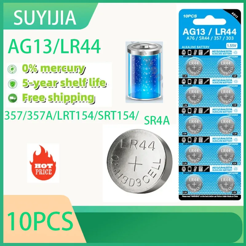 

10 Pieces AG13, LR44, L1154, RW82, SR1154, SR44, LR1154 Button Batteries, Suitable for Watches and Toys Remote Control Batteries
